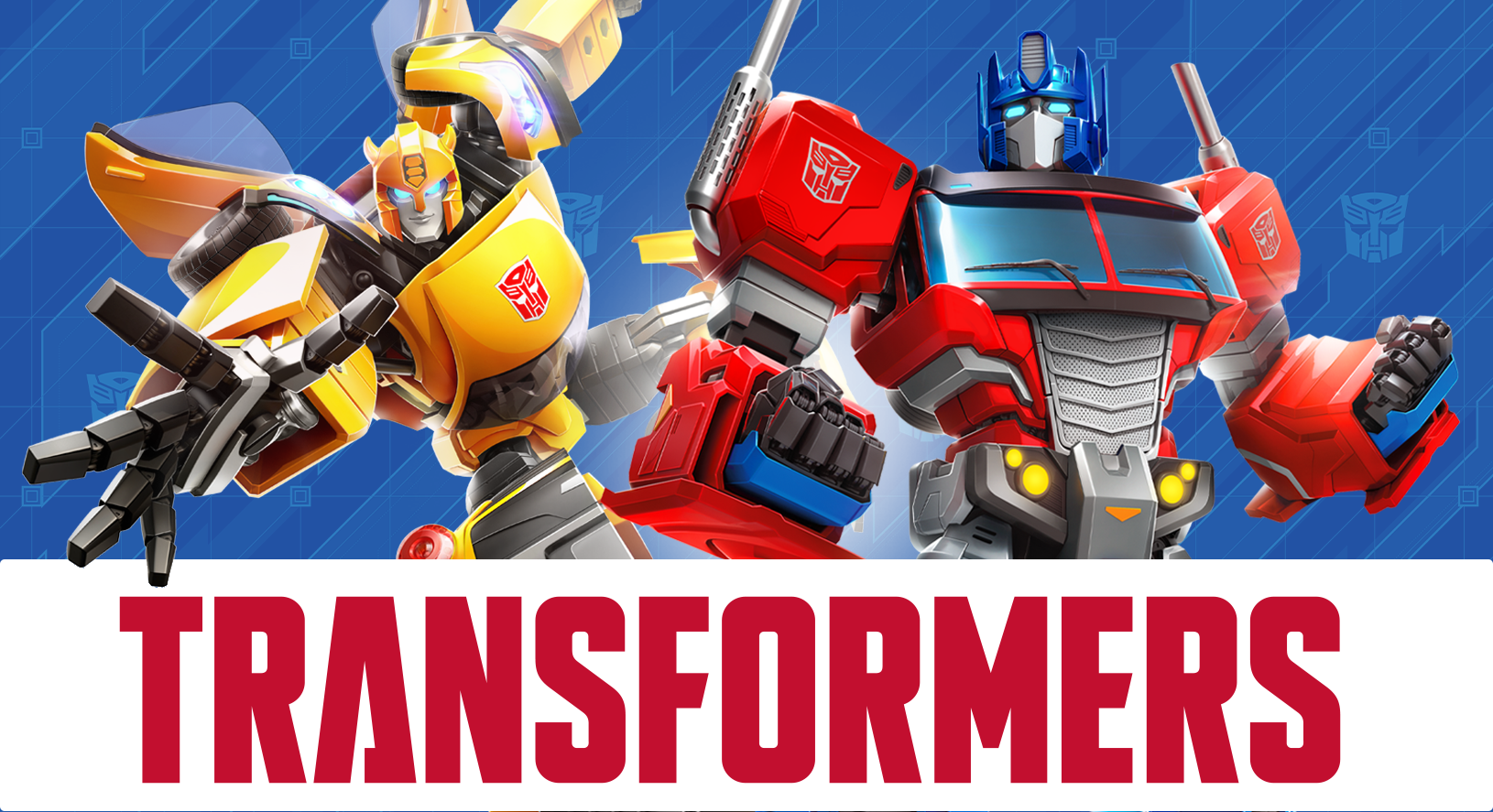 Transformers logo with optimus prime and bumblebee in the background